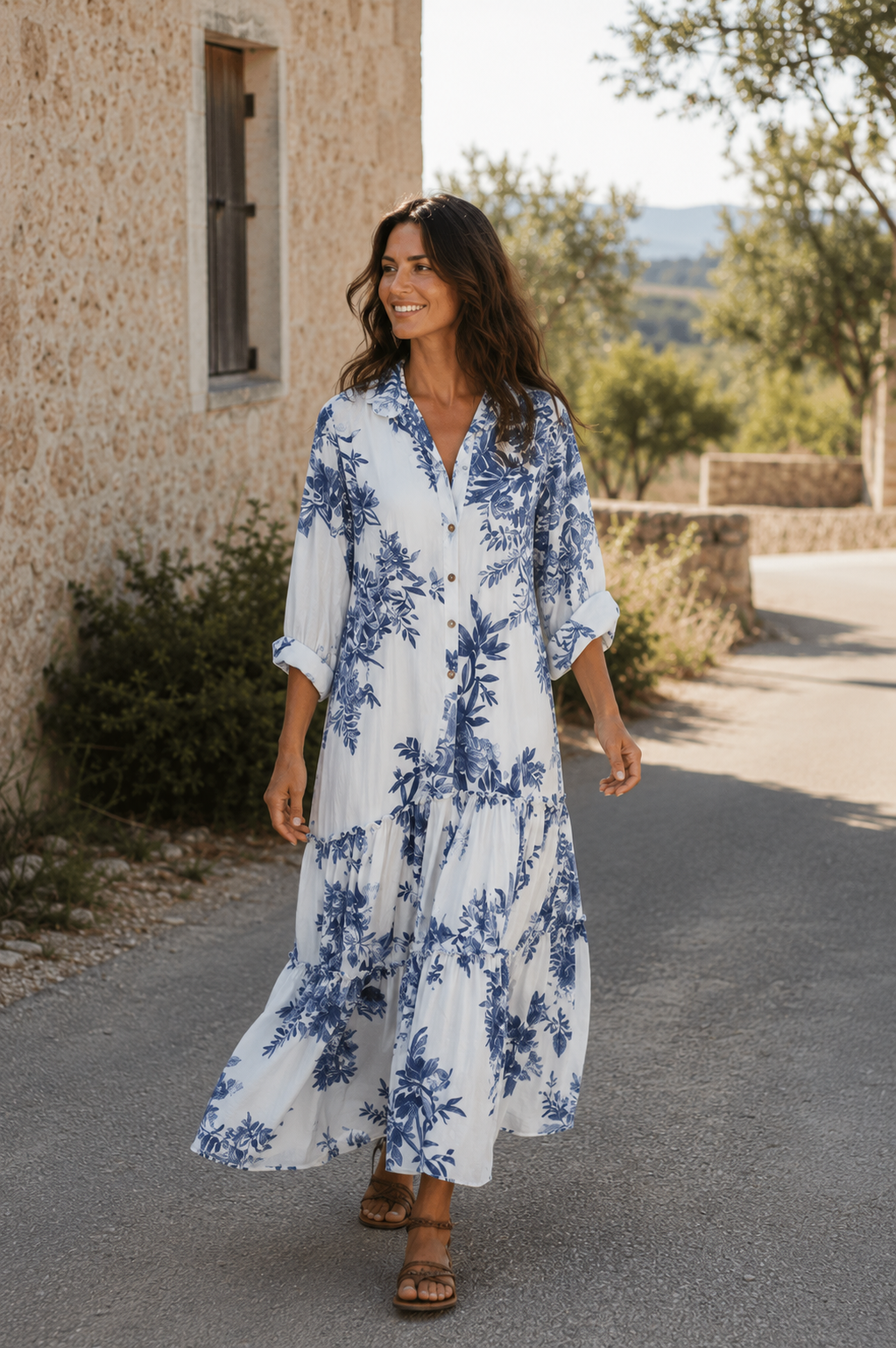 Vestido Midi Boho Floral Azul - Cuello Camisero