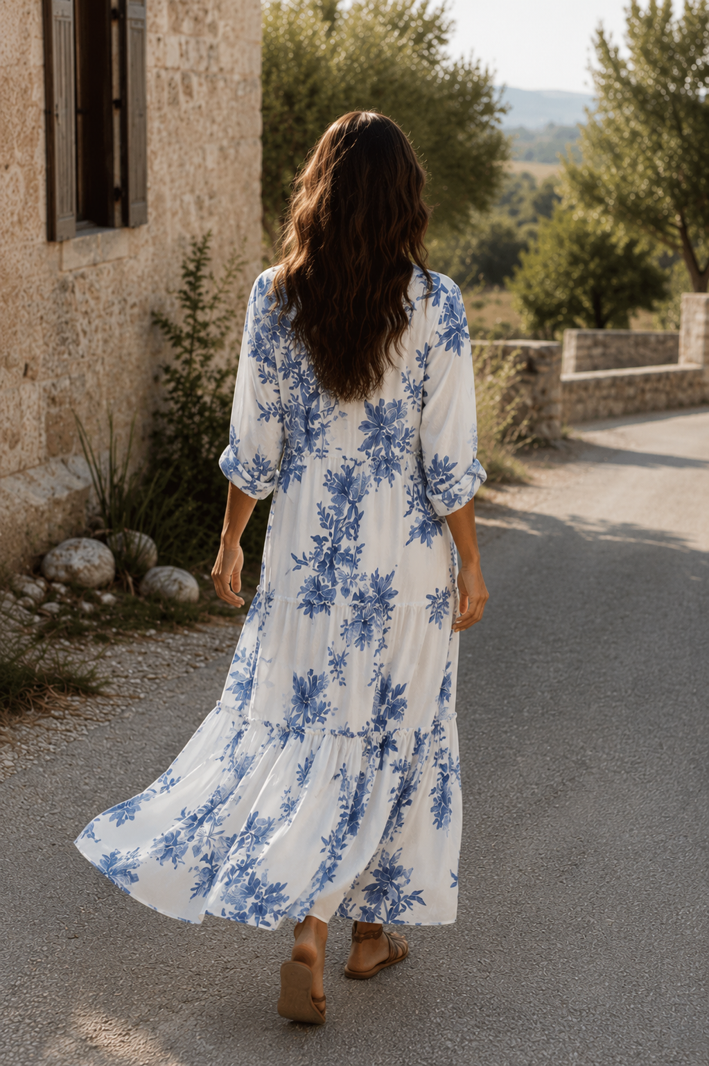 Vestido Midi Boho Floral Azul - Cuello Camisero