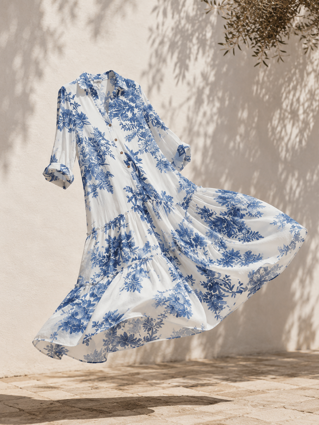 Vestido Midi Boho Floral Azul - Cuello Camisero